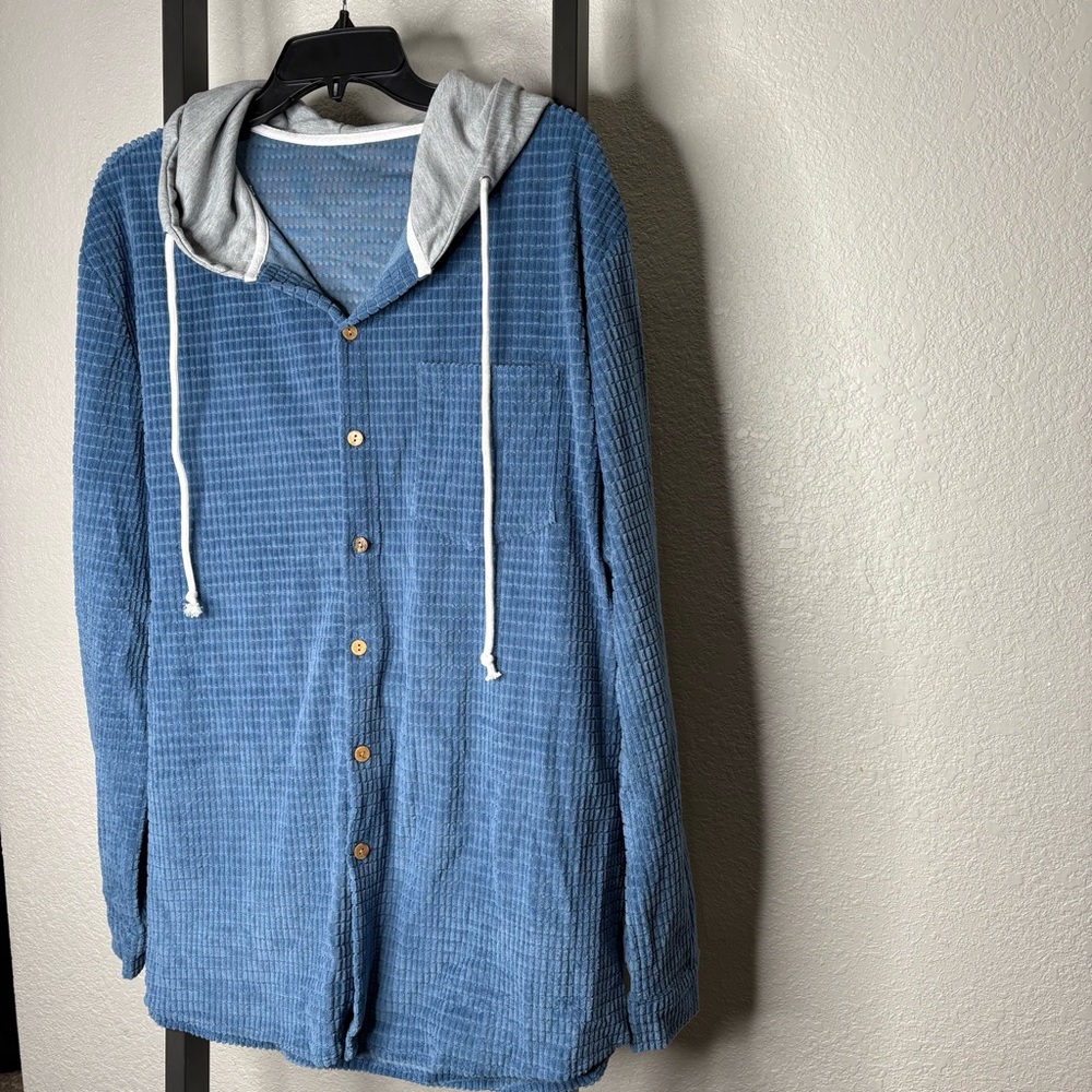 Blue Button-Up Hoodie Shirt